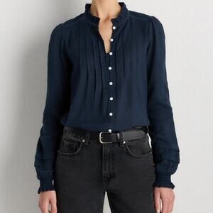 Quince Organic Textured Cotton Peasant Blouse in Navy